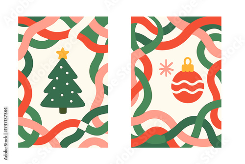 Set of Merry Christmas greeting card templates. Modern festive design with retro groovy wavy lines pattern. Xmas tree, ornament ball and snowflake vector illustration.