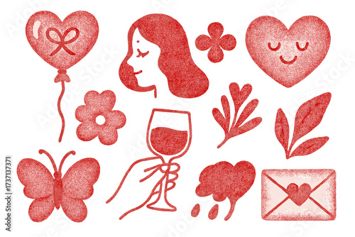Lovely Valentine's Day icon set with vintage risograph grain texture. Romantic naive elements collection with heart, flower, wine, love letter for greeting card or sticker.