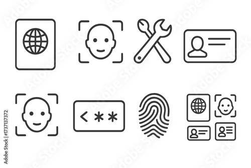 Identity verification line icon set. Biometric authentication concept. Features passport, driving license, face recognition, fingerprint scan, password. Personal data security vector.