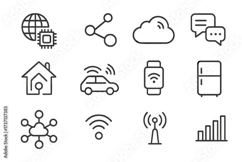Internet of Things line icon set. IoT concepts, smart home, connected car, and wearable technology. Digital network, cloud computing, data sharing, and wireless communication.