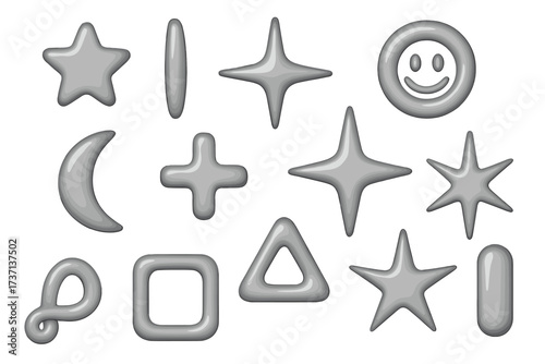 Minimalist brutalist 3D design elements set. Y2K futuristic abstract shapes, geometric figures and stars. Collection of neomodern symbols and icons for graphic design projects.