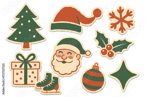 Retro Christmas sticker set. Vintage holiday illustration collection with torn paper effect. Santa, tree, gift, holly elements for greeting cards. Halftone texture design.