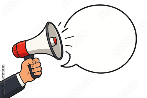 Hand holding megaphone. Announcement speech bubble. Loudspeaker for business, marketing, advertising. Promotion banner. Communication concept. Alert, notice, news. Vector illustration.