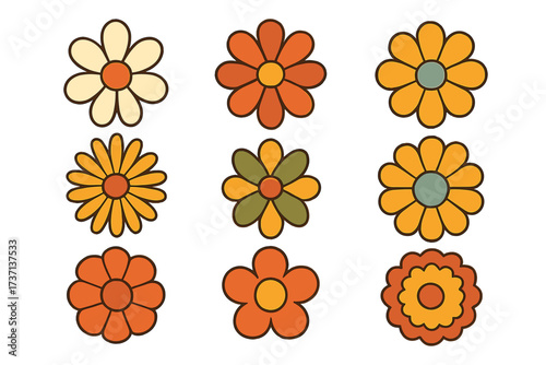 Retro groovy flowers set. Collection of hippie psychedelic daisy stickers in vintage 1970s style. Floral power elements for disco party decoration. Vector graphic icon pack.