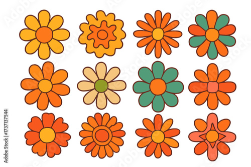 Retro groovy geometric flowers set. Hippie psychedelic daisy stickers in vintage 1970s style. Vector disco flower power icons isolated. Floral design elements.