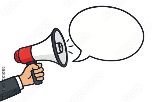 Hand holding megaphone with speech bubble for important announcement. Loudspeaker for marketing, advertising, and promotion. Concept for business communication, alert, news, and hiring.