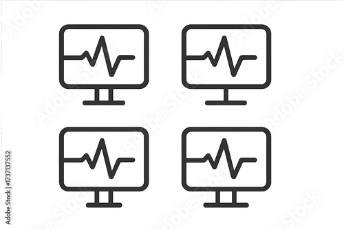 Heartbeat monitor icon. EKG, ECG pulse line on computer screen. Medical diagnostic, healthcare technology vector. System status, vital signs check, cardiology flat pictogram set.