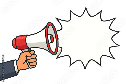 Hand holding megaphone with speech bubble for giveaway. Loudspeaker for business, marketing, and advertising announcement. Vector banner for promotion, alert, and sale communication.
