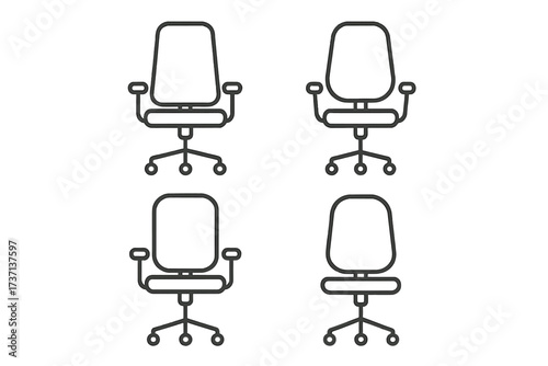 Office chair icon set. Line art vector illustration for UI UX design. Editable stroke. Business furniture, workplace seating symbol for web and apps. Ergonomic swivel chair pictogram.