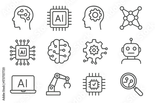 Pack of Minimalistic Linear AI Icons, Editable Stroke Technology Symbols, Artificial Intelligence Brain, Robot, Chip, Machine Learning, Circuit, Computer, Automation, Digital Design Elements