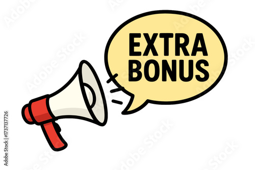 Megaphone with extra bonus speech bubble. Loudspeaker for business marketing and advertising announcement. Banner for promotion, special offer, sale, and customer rewards.