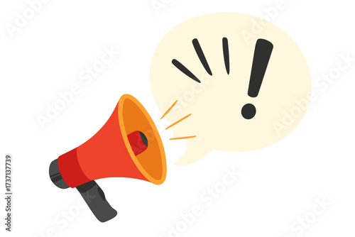 Megaphone announcement with speech bubble exclamation mark. Loudspeaker for business promotion, marketing, advertising. Important message, news, attention, alert vector icon.