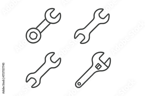 Set of editable stroke wrench icons, minimalistic linear tool symbols for construction, repair, maintenance, mechanical design, vector line art for apps, banners, cards, posts