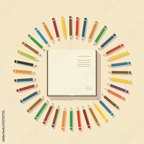 Open book surrounded by colored pencils in a circular arrangement.