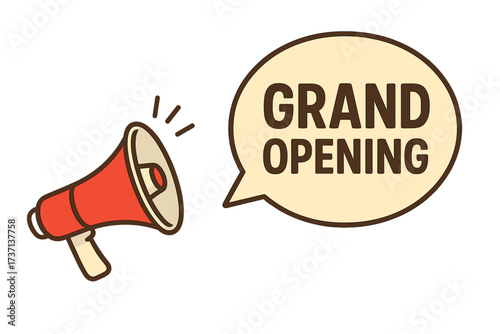 Megaphone with grand opening speech bubble. Loudspeaker for business, marketing, and advertising. Banner for promotion, announcement and celebration of a new store launch.