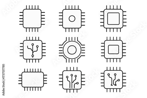 Set of Minimalist Line Icons of Computer Chips with Editable Stroke, Linear Pictograms for UI Design, Cards, Apps, Banners, and Posts, Transparent Vector Illustration