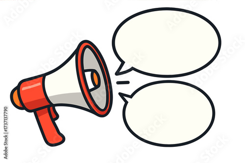 Megaphone or loudspeaker with two speech bubbles for important announcements. Concept for business marketing, advertising, promotion, alert, and news. Communication vector background.