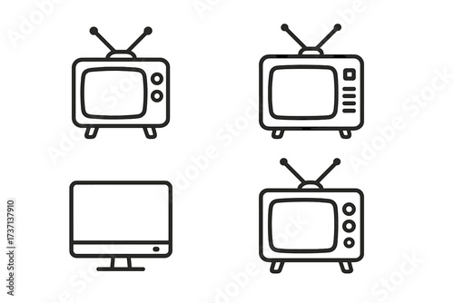 Set of Minimalistic Line Icons for Retro and Modern TV Sets, Editable Stroke Vector Pictogram Collection for Cards, Apps, Banners, Posts, Transparent Cartoon Illustration