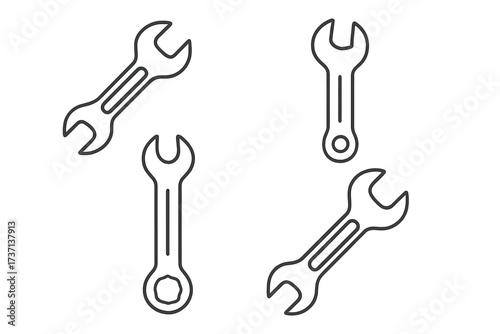 Set of minimalistic wrench line icons, editable stroke vector tools, simple linear spanner pictograms for apps, banners, cards, posts, mechanical repair and maintenance design