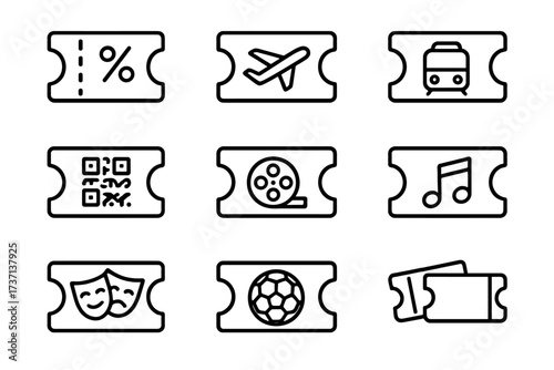 Vector line style ticket icons collection with coupon, airplane, train, QR code, cinema film reel, music note, theater masks, sport ball, and blank tickets, transparent background