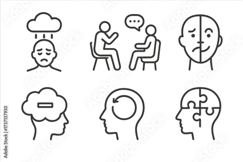 Mental health line icon set. Vector symbols for depression, psychotherapy, bipolar disorder, negative thinking, obsession, and psychological help. Psychology illustration.