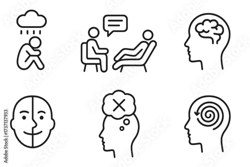 Mental health line icons. Psychology concept. Psychotherapy session. Depression symbol. Bipolar disorder face. Negative thinking metaphor. Obsession spiral. Vector icon set.