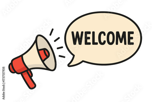 Megaphone loudspeaker with welcome speech bubble. Banner for business, marketing, advertising. Communication, announcement, promotion concept. Greeting message vector illustration.