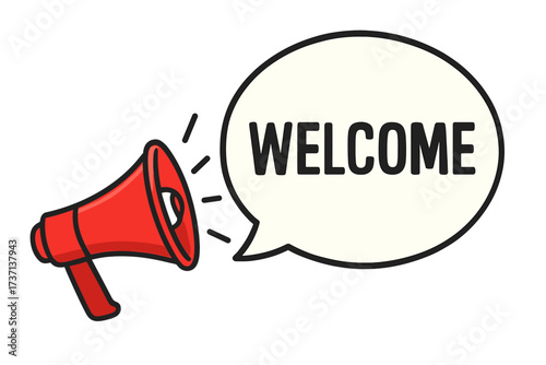 Welcome announcement with red megaphone icon. Loudspeaker with speech bubble for business marketing and advertising. Communication and promotion concept. Vector illustration.