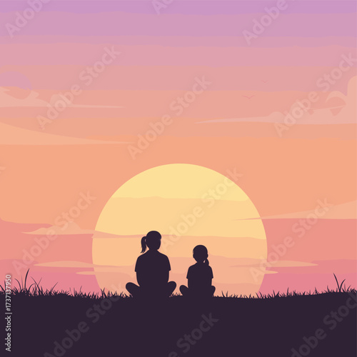 Mother and daughter sit on grass watching sunset silhouette vector.
