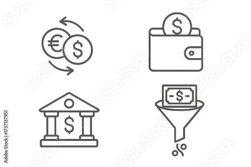 Finance thin line icon set. Money exchange, bank, wallet, currency conversion, sales funnel. Vector outline symbols for banking, investment, payment, cashback, ROI concept.