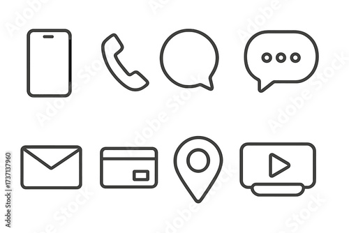 Set of communication line icons. Mobile phone, telephone call, chat bubble, message, mail, pay, location pin, live video. Thin outline vector symbols for web and UI design.
