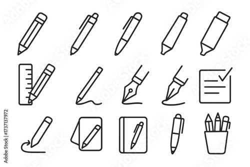 Pen and pencil icons set, line art collection for websites, books, cards, apps, office and school supplies, editable stroke vector cartoon illustration pack
