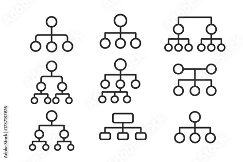 Hierarchy and organization chart line icon set. Business structure, flowchart, and mind map diagram collection. Editable stroke vector for infographics, web, and apps.