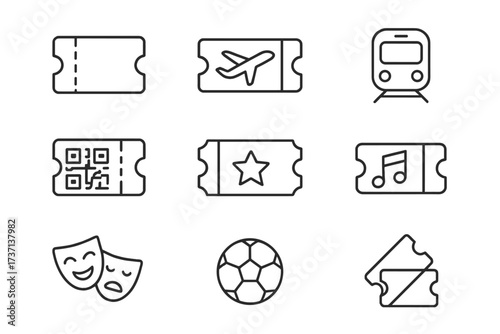 Ticket icon set in modern line style with coupon, airplane, train, QR code, cinema, music note, theater masks, soccer ball, and ticket collection for events and travel