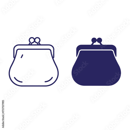 Two minimalist clamshell purses in outline and solid dark blue silhouette style
