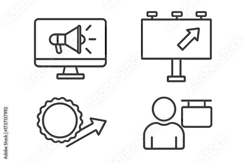 Advertisement web icons in line style. Advertising, marketing, billboard, and brand icon collection. Vector illustration for promotion, sales growth, and digital campaign concepts.