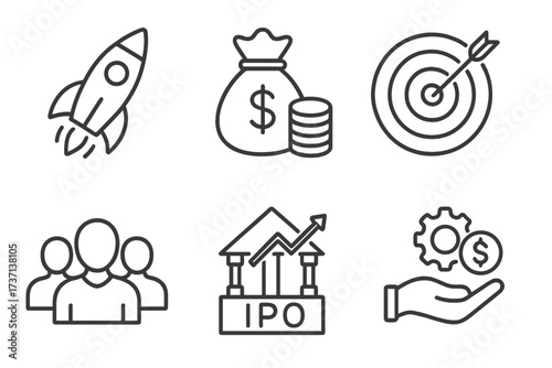 Startup business and product development line icon set. Collection includes symbols for funding, investment, target, teamwork, IPO, financial growth and venture capital.