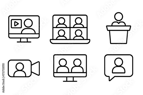 Video conference web icons in sleek line style, webinar online event symbols, webcast speaker, group call, chat communication, virtual meeting user interface set, vector illustration