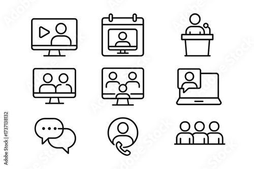 Video conference icons set in modern line style, including webinar, online event, webcast, speaker podium, call, chat, meeting, group discussion, communication symbols, vector illustration