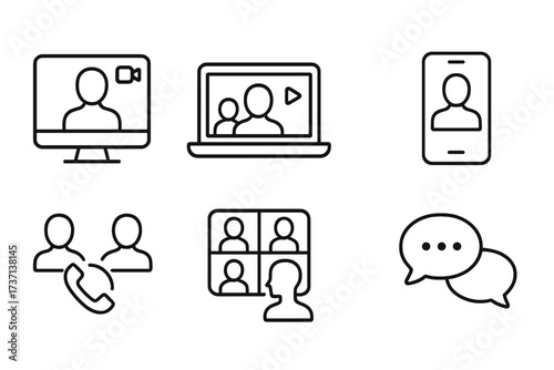 Video conference line icons set, webinar, online event, webcast, speaker, call, meeting, chat symbols, digital communication, virtual collaboration, vector illustration transparent background
