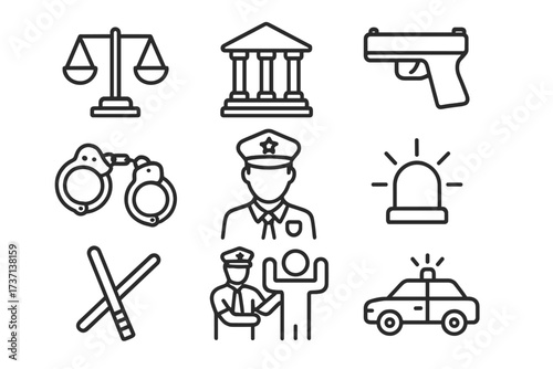 Police line icon set vector illustration. Law, justice, and crime concepts. Includes courthouse, weapon, arrest, officer, handcuffs, patrol car, and siren symbols. Outline.