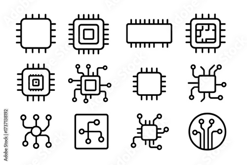 Technology line icon set of computer chips, processors, and microcircuits. Vector CPU and electronic circuit board pictograms. Editable stroke symbols for modern digital design.