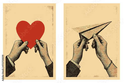 Vintage Valentine's Day halftone collage set with lovers' hands holding red heart and paper plane, retro style postcards, cards, romantic banner templates with copy space