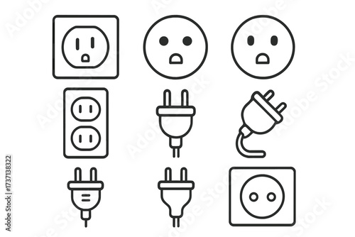 Power outlet and plug line icon set. Editable stroke vector icons. Electricity, socket, and connection symbols for web and app design. US and EU wall outlets. Minimalist pictograms.