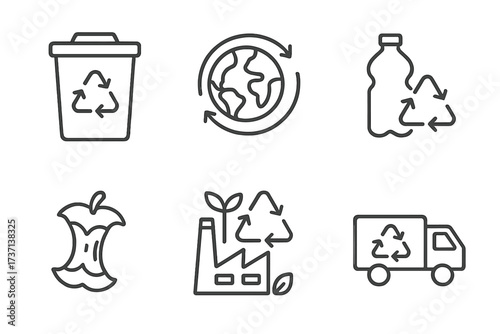Recycling and waste management line icon set. Garbage sorting, organic waste, and plastic reuse concepts. Eco-friendly symbols for sustainability and circular economy. Vector.