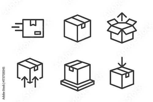 Logistics and delivery line icon set. Box, package, and cargo symbols for shipping, export, distribution, and return. Vector graphic elements for web and apps. Unpacking.