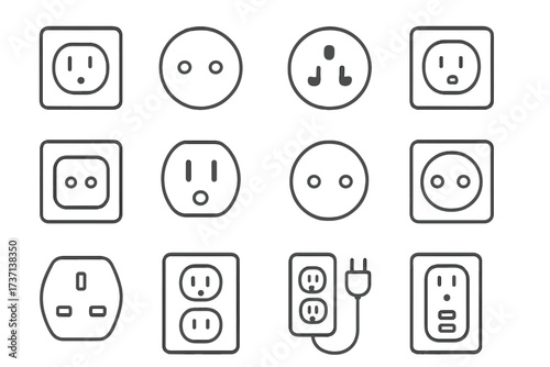 Power outlet line icon set. Electric socket collection for US, EU, UK. Vector electrical plug connection symbols. Minimalist outline pictogram with editable stroke for web design.