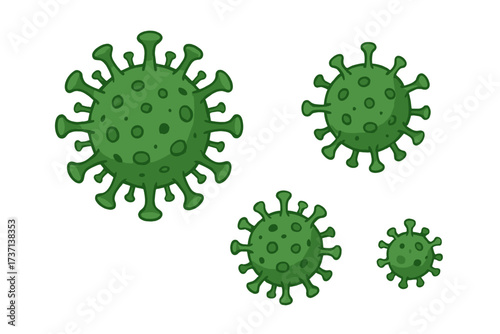Vector illustration of green virus particles with transparent background, set of four different sized virus icons, infectious disease concept, microbiology, infection biology