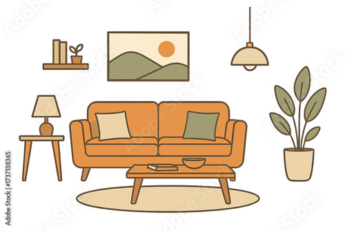 Cozy modern living room interior vector illustration with orange sofa, cushions, coffee table, lamp, potted plants, wall art, hanging light, and bookshelf set