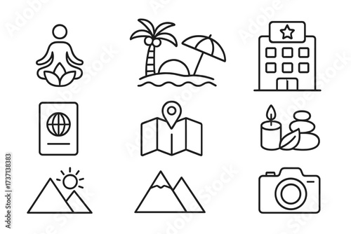 Resort hotel and travel web icons in line style. Wellness, beach, tourism, passport, map, spa, landscape, and camera icon collection for vacation and leisure concepts.